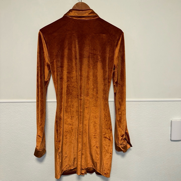 Women’s Long Sleeve Bodycon Dress Turn-Down Collar Velvet Ruched Rust Orange M - Picture 11 of 12
